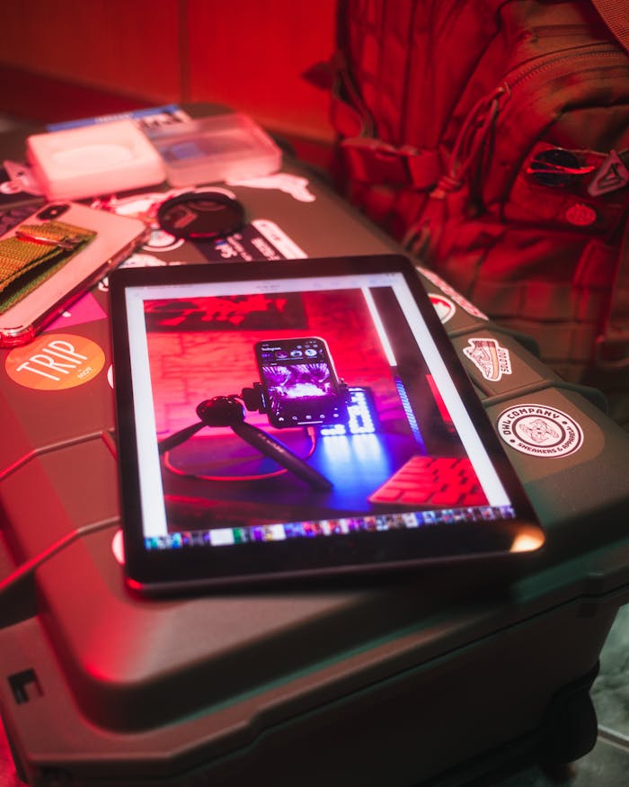 get-in-touch A tablet displaying a smartphone photography setup on a cluttered table with red lighting.