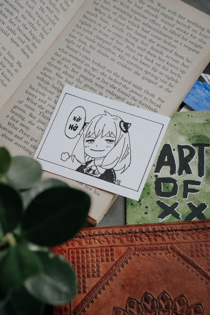 about-bg A playful illustration card on an open book amidst artistic elements and greenery.