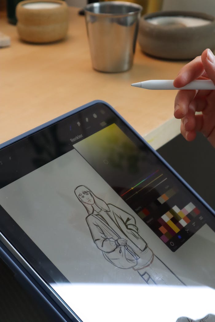 services-bg Person drawing a sketch on a tablet with a stylus indoors.