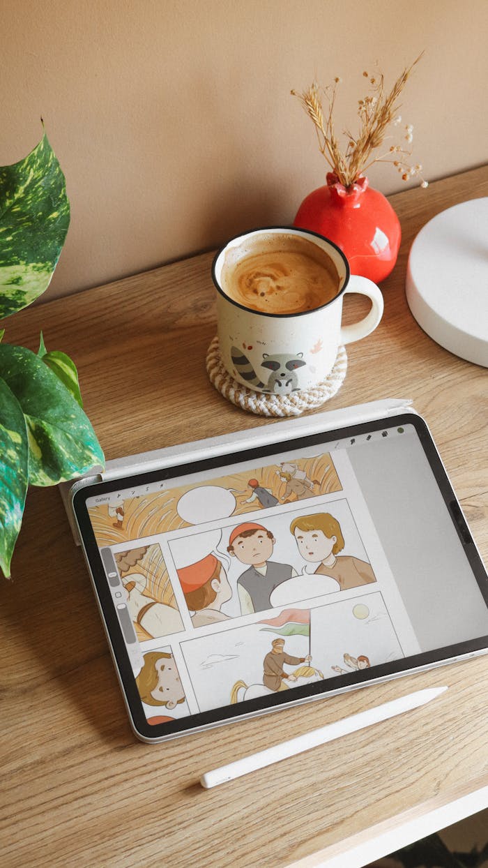 who-we-are A cozy workspace featuring a tablet with digital art, a coffee cup, and plant, embodying creativity and comfort.