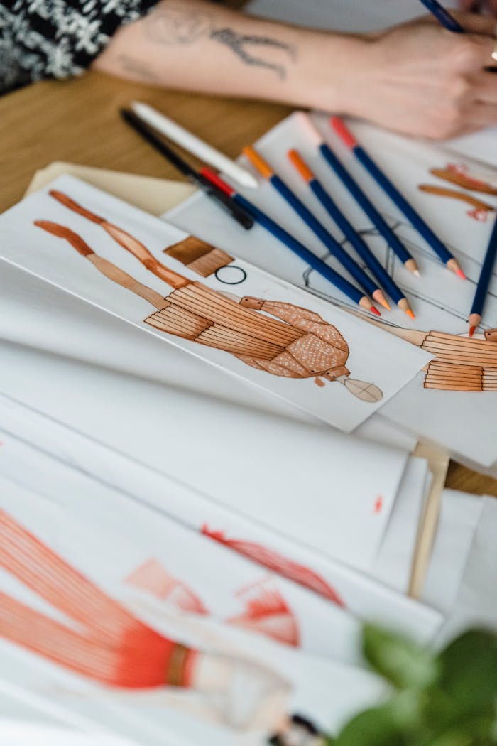 services-01 From above of crop anonymous female designer at desk with pencils drawing against illustrations of human figures in outfit